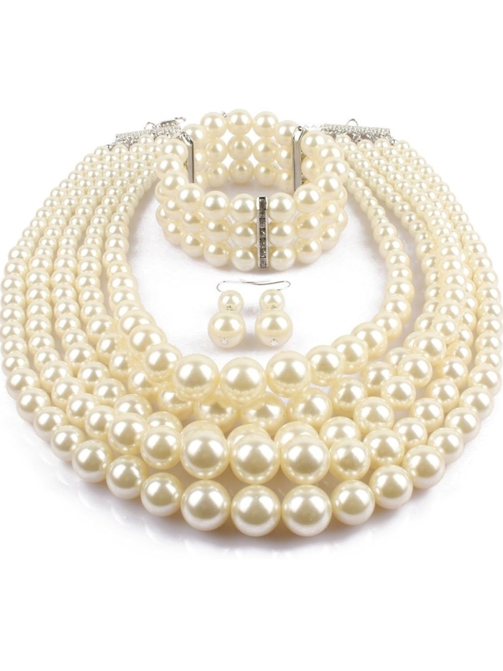 Classic Ivory Faux Pearl Multi-Strand Necklace Set with Bracelet and Earrings